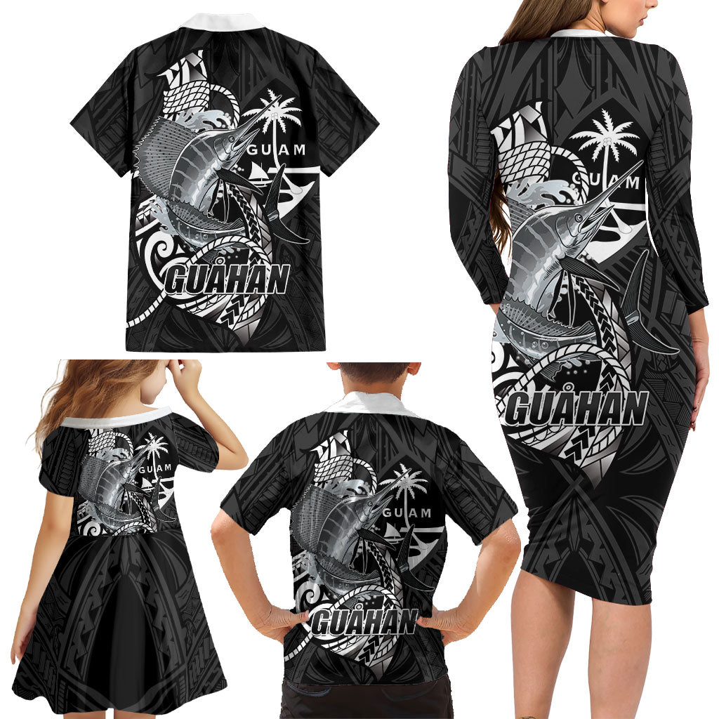 Guam Blue Marlin Fishing Family Matching Long Sleeve Bodycon Dress and Hawaiian Shirt Guahan Fish Hook Tattoo Black Version LT14 - Polynesian Pride