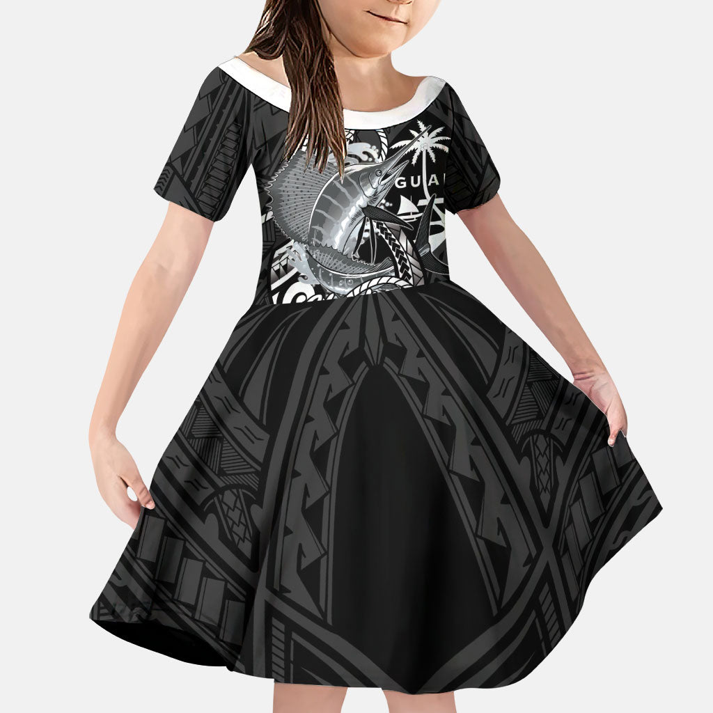 Guam Blue Marlin Fishing Family Matching Off Shoulder Short Dress and Hawaiian Shirt Guahan Fish Hook Tattoo Black Version