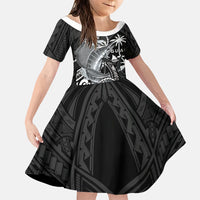 Guam Blue Marlin Fishing Family Matching Off Shoulder Short Dress and Hawaiian Shirt Guahan Fish Hook Tattoo Black Version
