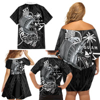 Guam Blue Marlin Fishing Family Matching Off Shoulder Short Dress and Hawaiian Shirt Guahan Fish Hook Tattoo Black Version