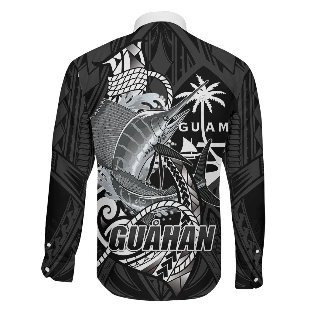 Guam Blue Marlin Fishing Family Matching Off Shoulder Short Dress and Hawaiian Shirt Guahan Fish Hook Tattoo Black Version