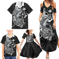 Guam Blue Marlin Fishing Family Matching Summer Maxi Dress and Hawaiian Shirt Guahan Fish Hook Tattoo Black Version
