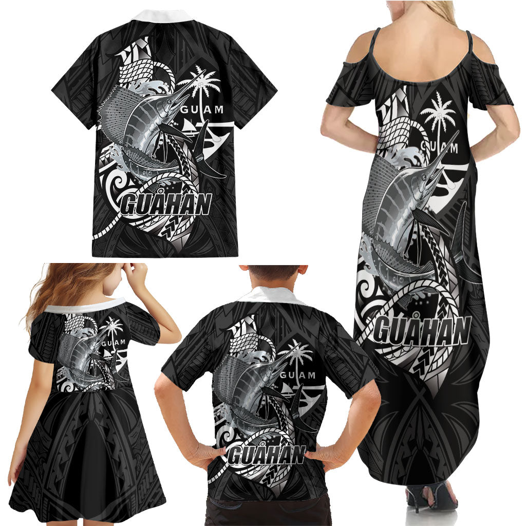 Guam Blue Marlin Fishing Family Matching Summer Maxi Dress and Hawaiian Shirt Guahan Fish Hook Tattoo Black Version