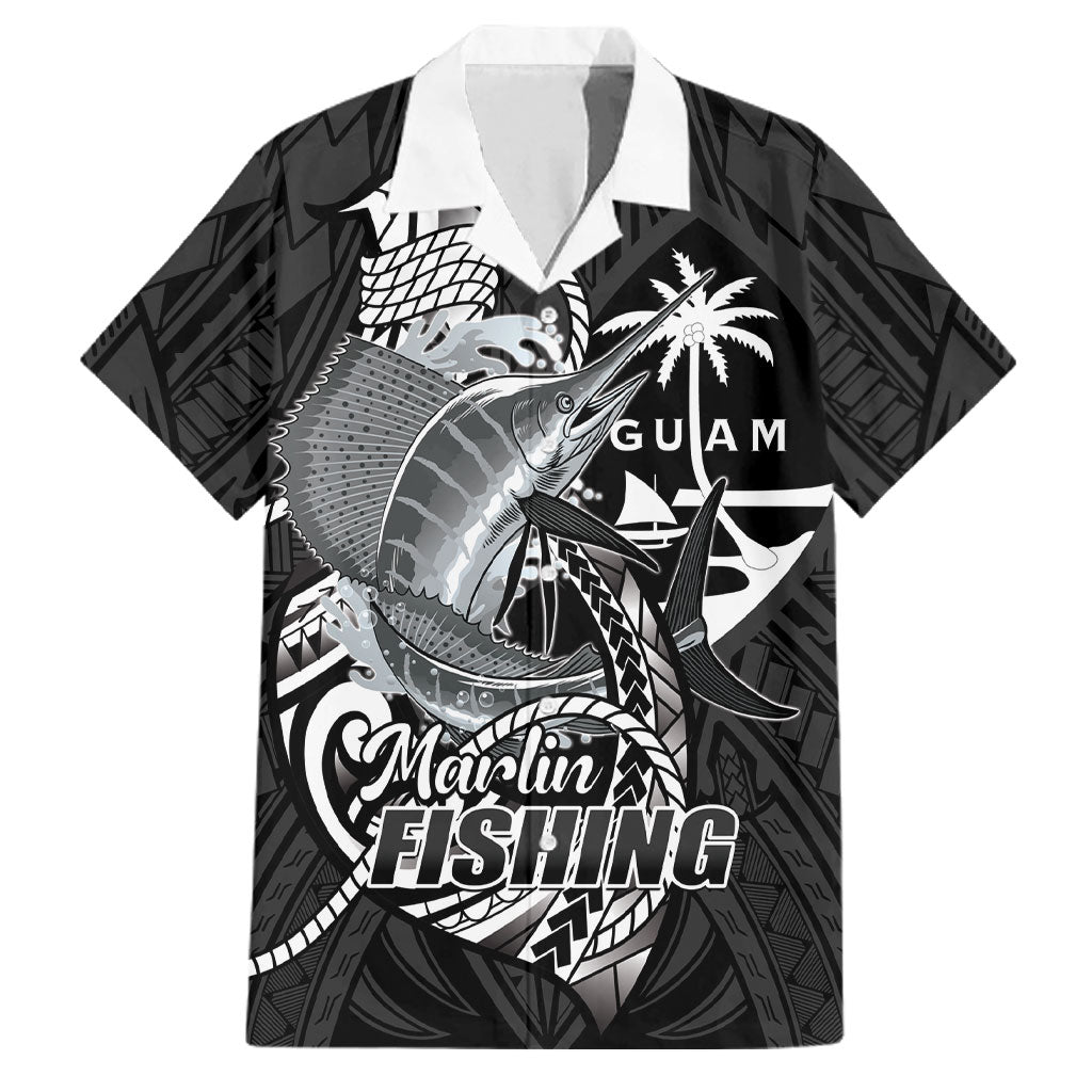 Guam Blue Marlin Fishing Family Matching Tank Maxi Dress and Hawaiian Shirt Guahan Fish Hook Tattoo Black Version LT14 Dad's Shirt - Short Sleeve Black - Polynesian Pride