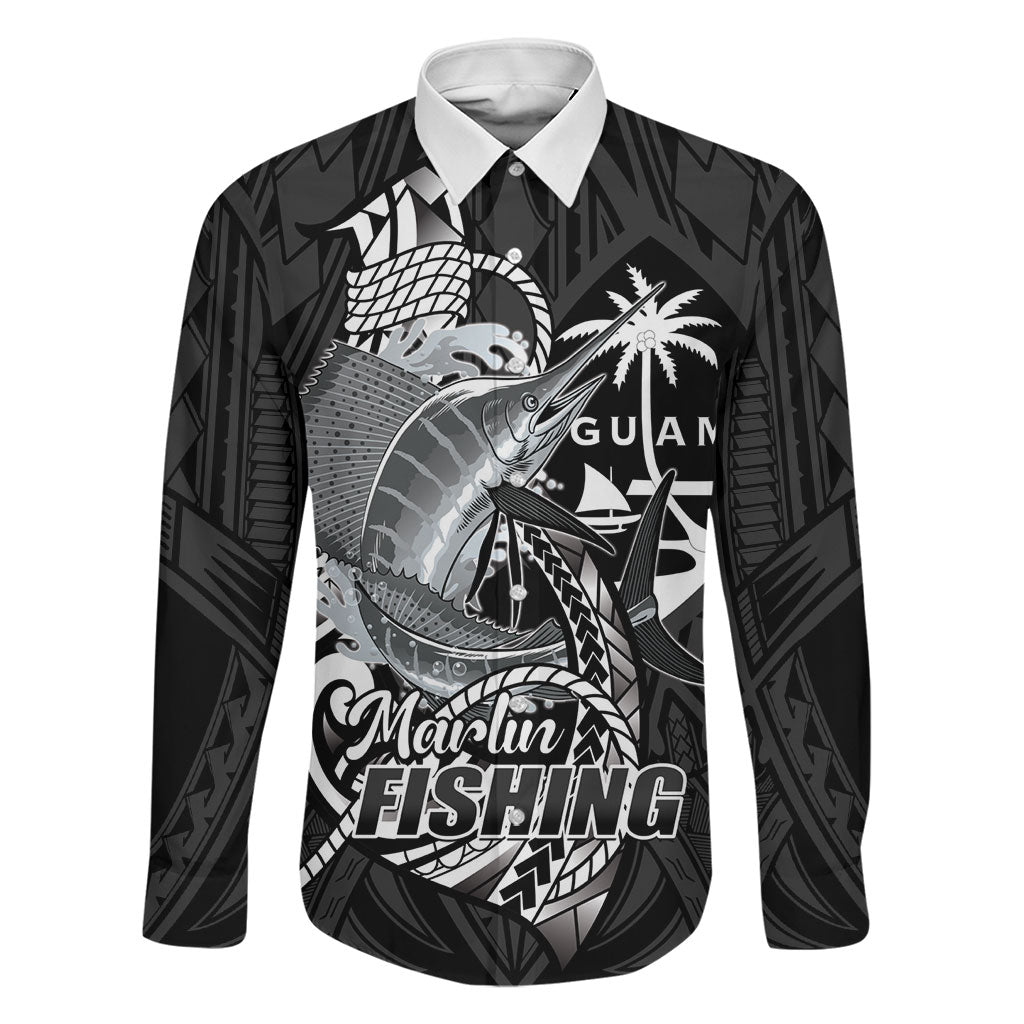 Guam Blue Marlin Fishing Family Matching Tank Maxi Dress and Hawaiian Shirt Guahan Fish Hook Tattoo Black Version LT14 Dad's Shirt - Long Sleeve Black - Polynesian Pride