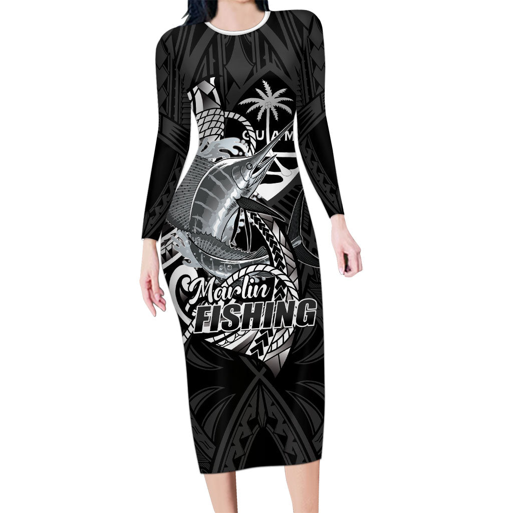 Guam Blue Marlin Fishing Long Sleeve Bodycon Dress Guahan Fish Hook Tattoo Black Version LT14 Long Dress Black - Polynesian Pride