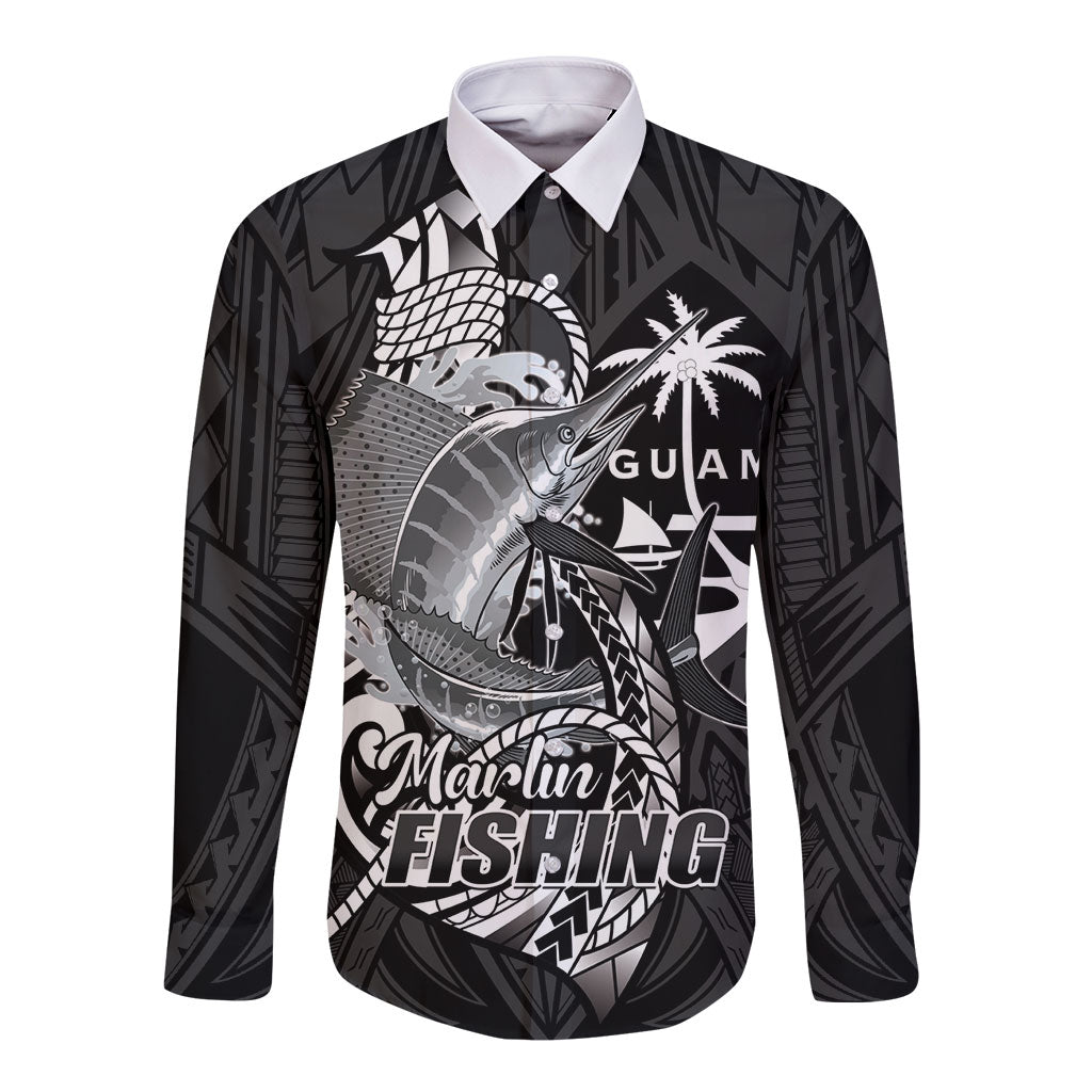 Guam Blue Marlin Fishing Long Sleeve Button Shirt Guahan Fish Hook Tattoo Black Version LT14 Unisex Black - Polynesian Pride