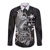 Guam Blue Marlin Fishing Long Sleeve Button Shirt Guahan Fish Hook Tattoo Black Version LT14 Unisex Black - Polynesian Pride