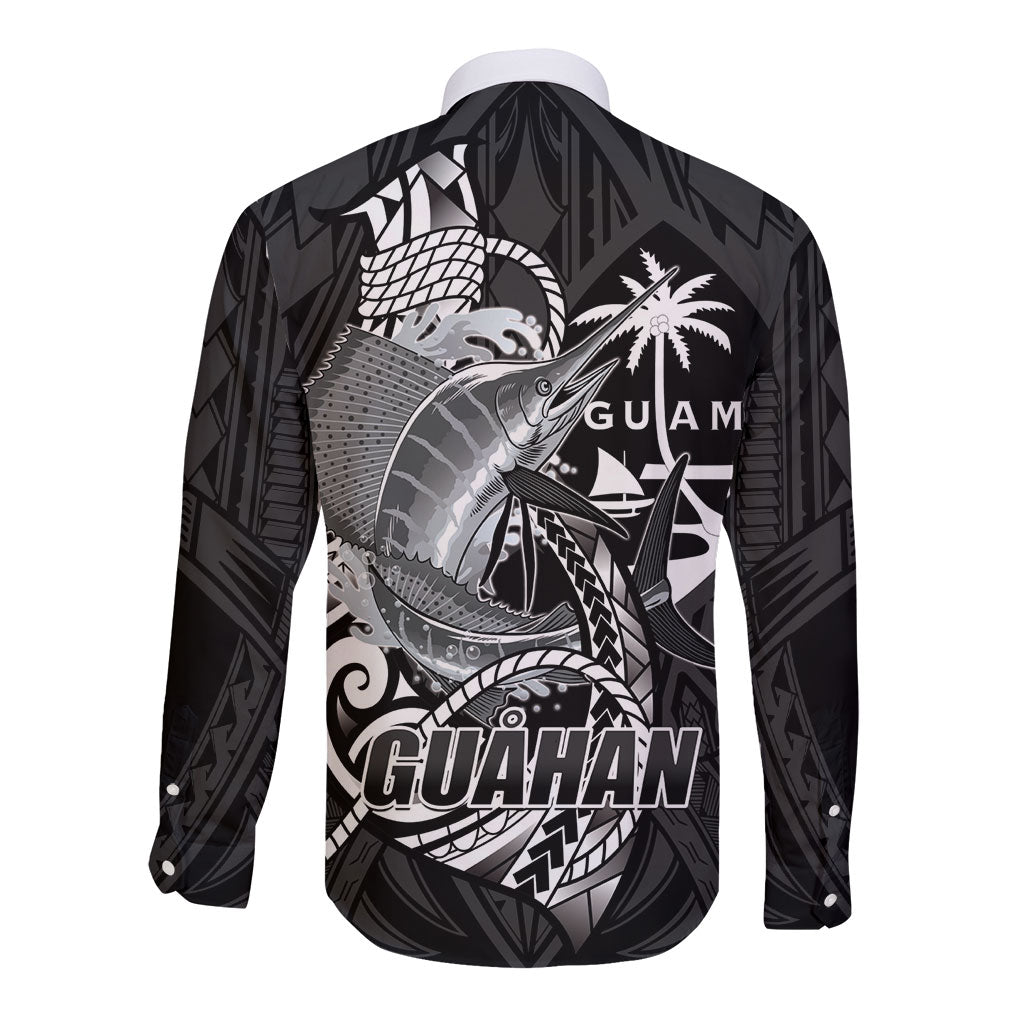 Guam Blue Marlin Fishing Long Sleeve Button Shirt Guahan Fish Hook Tattoo Black Version LT14 - Polynesian Pride