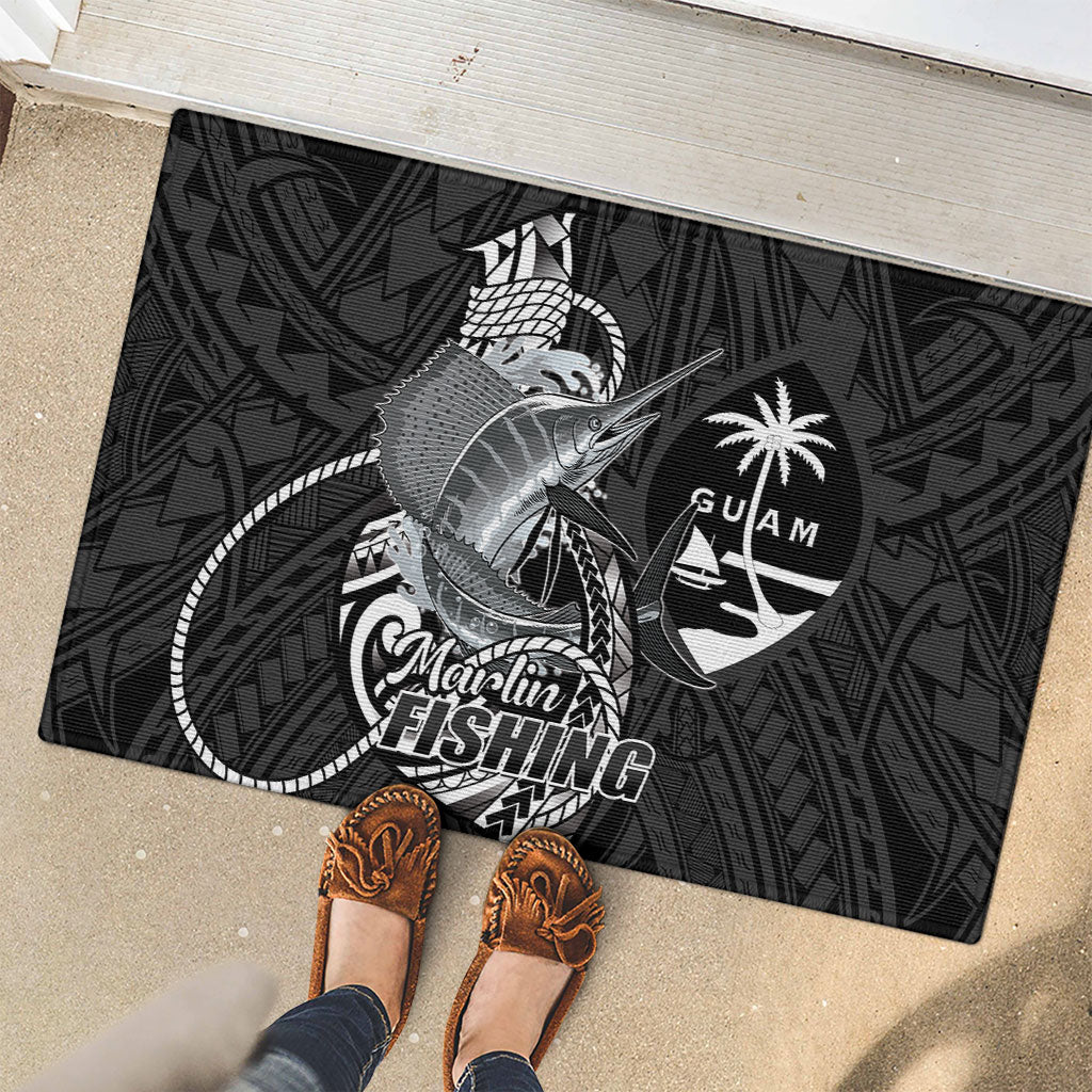 Guam Blue Marlin Fishing Rubber Doormat Guahan Fish Hook Tattoo Black Version