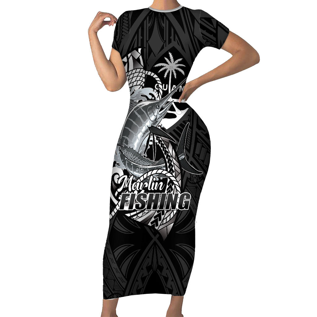 Guam Blue Marlin Fishing Short Sleeve Bodycon Dress Guahan Fish Hook Tattoo Black Version LT14 Long Dress Black - Polynesian Pride