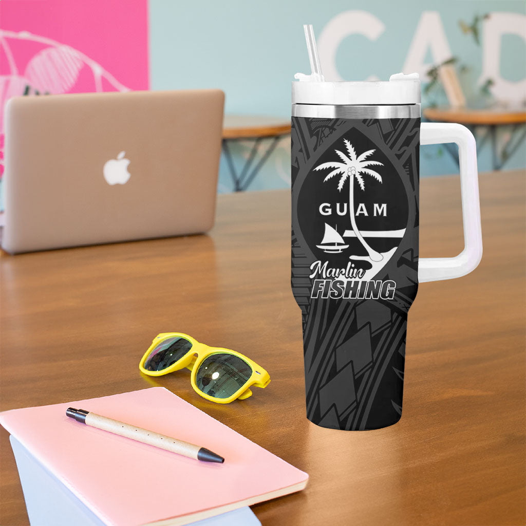 Guam Blue Marlin Fishing Tumbler With Handle Guahan Fish Hook Tattoo Black Version