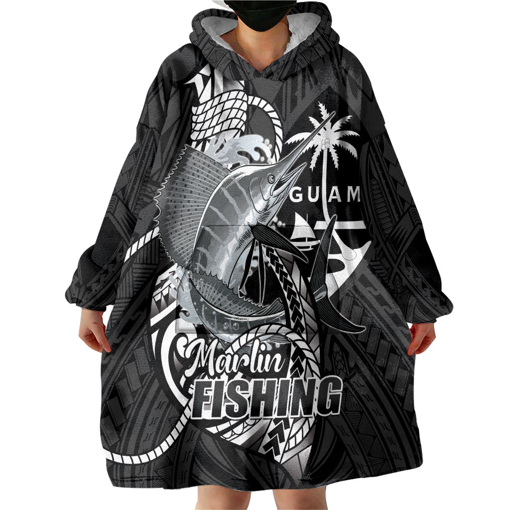 Guam Blue Marlin Fishing Wearable Blanket Hoodie Guahan Fish Hook Tattoo Black Version LT14 - Polynesian Pride