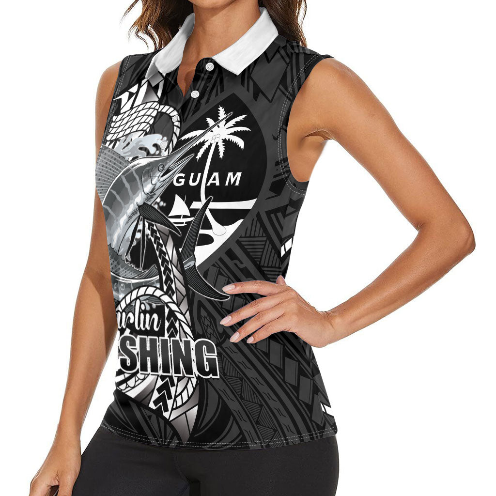Guam Blue Marlin Fishing Women Sleeveless Polo Shirt Guahan Fish Hook Tattoo Black Version LT14 - Polynesian Pride