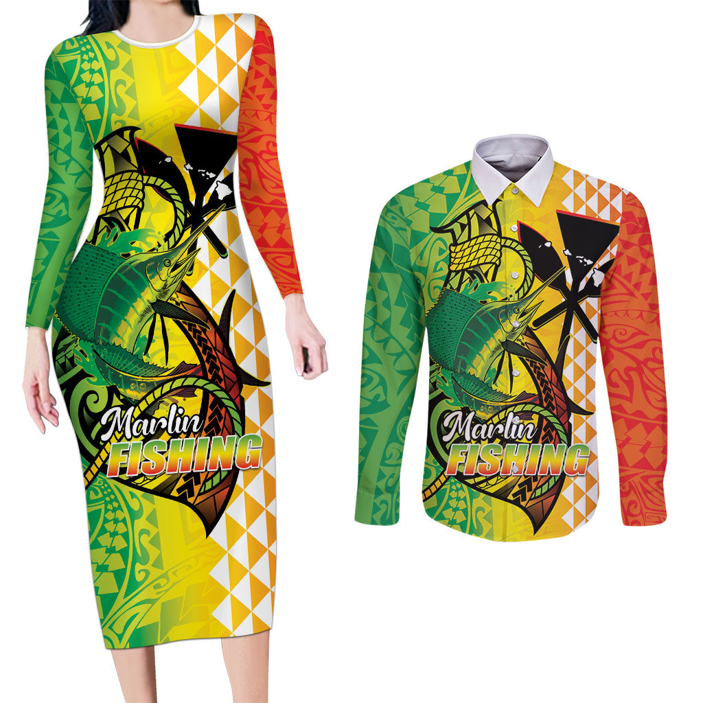 Hawaii Blue Marlin Fishing Couples Matching Long Sleeve Bodycon Dress and Long Sleeve Button Shirt Hawaiian Kanaka Kakau Reggae