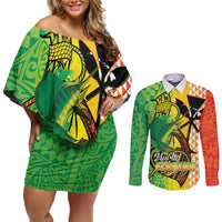 Hawaii Blue Marlin Fishing Couples Matching Off Shoulder Short Dress and Long Sleeve Button Shirt Hawaiian Kanaka Kakau Reggae