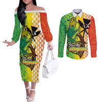 Hawaii Blue Marlin Fishing Couples Matching Off The Shoulder Long Sleeve Dress and Long Sleeve Button Shirt Hawaiian Kanaka Kakau Reggae