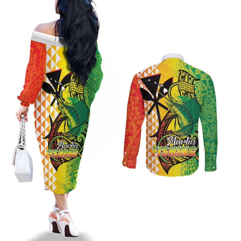 Hawaii Blue Marlin Fishing Couples Matching Off The Shoulder Long Sleeve Dress and Long Sleeve Button Shirt Hawaiian Kanaka Kakau Reggae