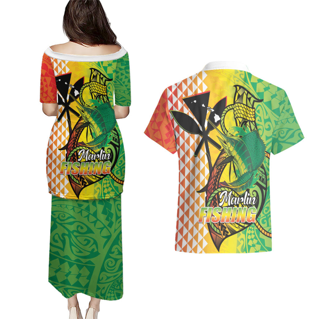 Hawaii Blue Marlin Fishing Couples Matching Puletasi and Hawaiian Shirt Hawaiian Kanaka Kakau Reggae