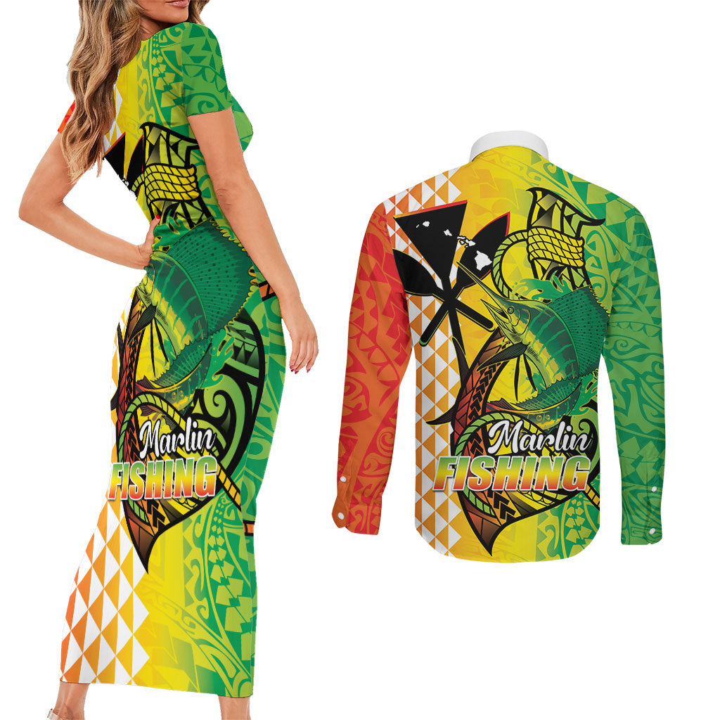 Hawaii Blue Marlin Fishing Couples Matching Short Sleeve Bodycon Dress and Long Sleeve Button Shirt Hawaiian Kanaka Kakau Reggae