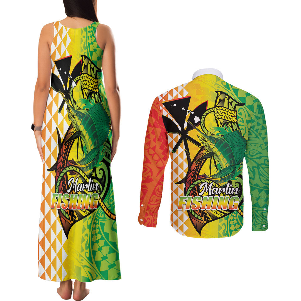 Hawaii Blue Marlin Fishing Couples Matching Tank Maxi Dress and Long Sleeve Button Shirt Hawaiian Kanaka Kakau Reggae