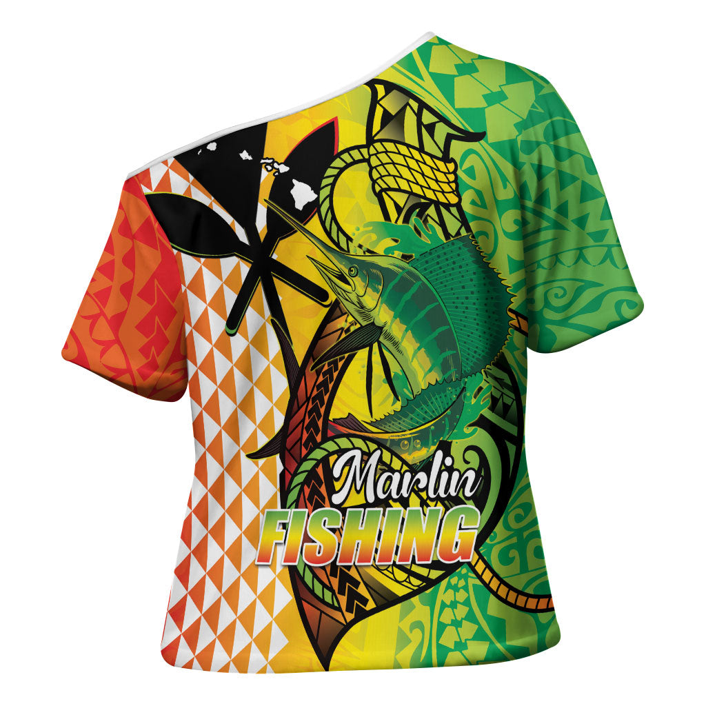 Hawaii Blue Marlin Fishing Cross Shoulder Shirt Hawaiian Kanaka Kakau Reggae LT14 - Polynesian Pride