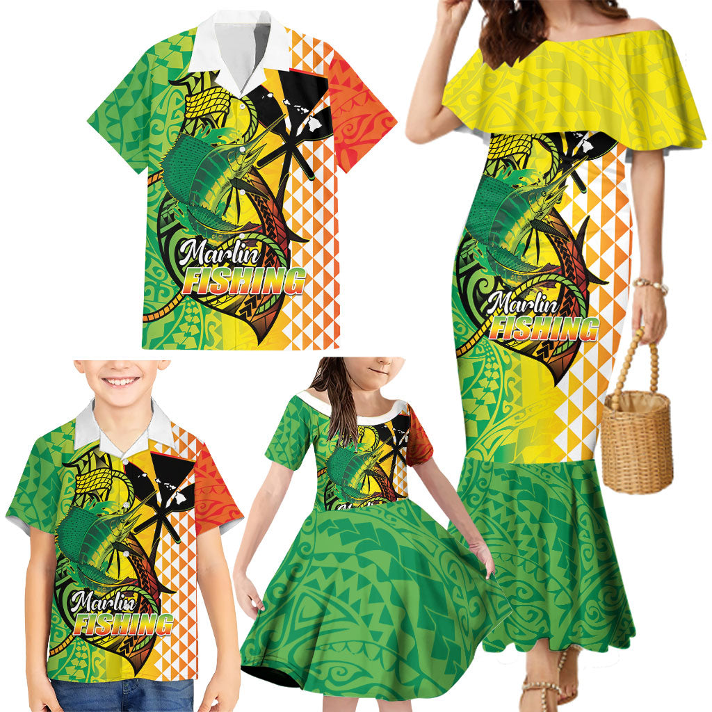 Hawaii Blue Marlin Fishing Family Matching Mermaid Dress and Hawaiian Shirt Hawaiian Kanaka Kakau Reggae LT14 - Polynesian Pride