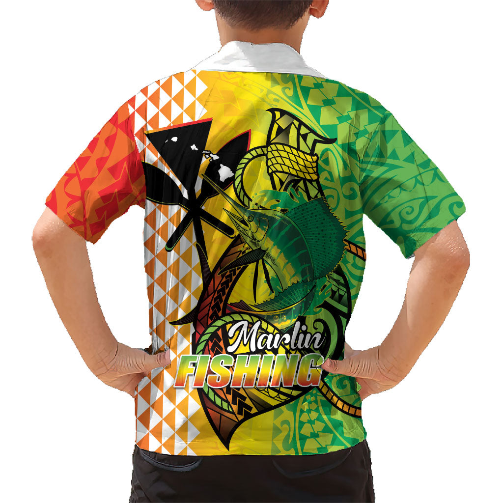 Hawaii Blue Marlin Fishing Family Matching Off The Shoulder Long Sleeve Dress and Hawaiian Shirt Hawaiian Kanaka Kakau Reggae LT14 - Polynesian Pride