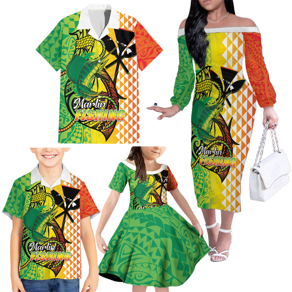 Hawaii Blue Marlin Fishing Family Matching Off The Shoulder Long Sleeve Dress and Hawaiian Shirt Hawaiian Kanaka Kakau Reggae LT14 - Polynesian Pride