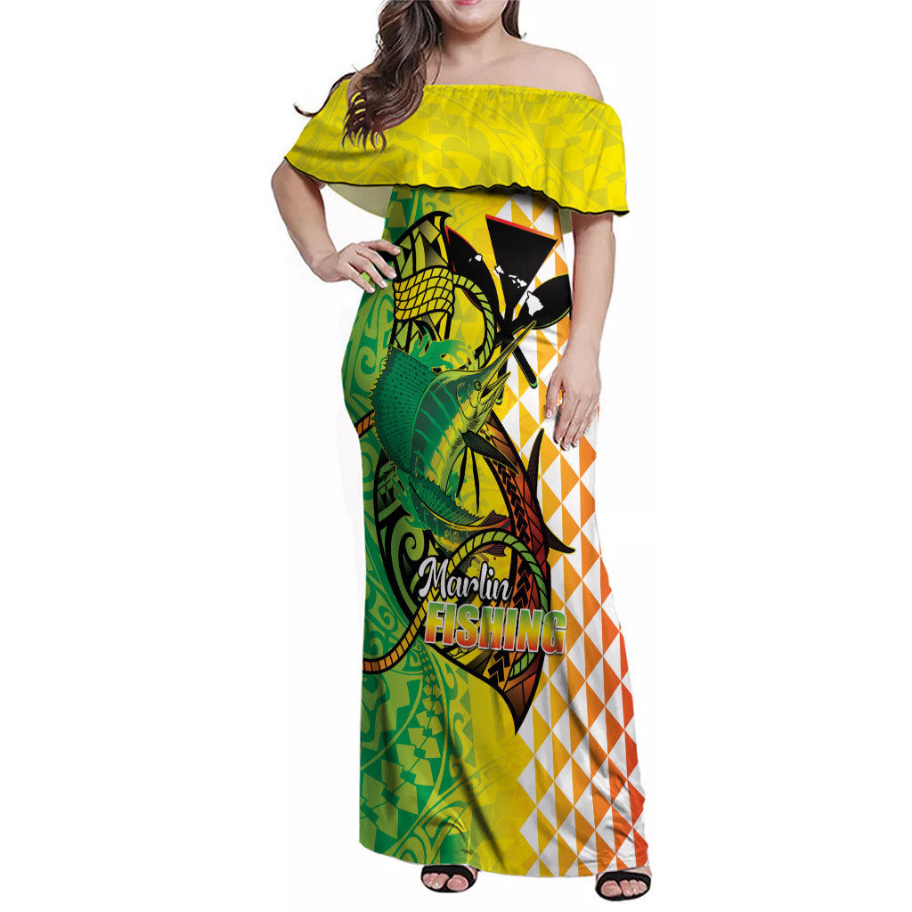 Hawaii Blue Marlin Fishing Family Matching Off Shoulder Maxi Dress and Hawaiian Shirt Hawaiian Kanaka Kakau Reggae LT14 Mom's Dress Reggae - Polynesian Pride