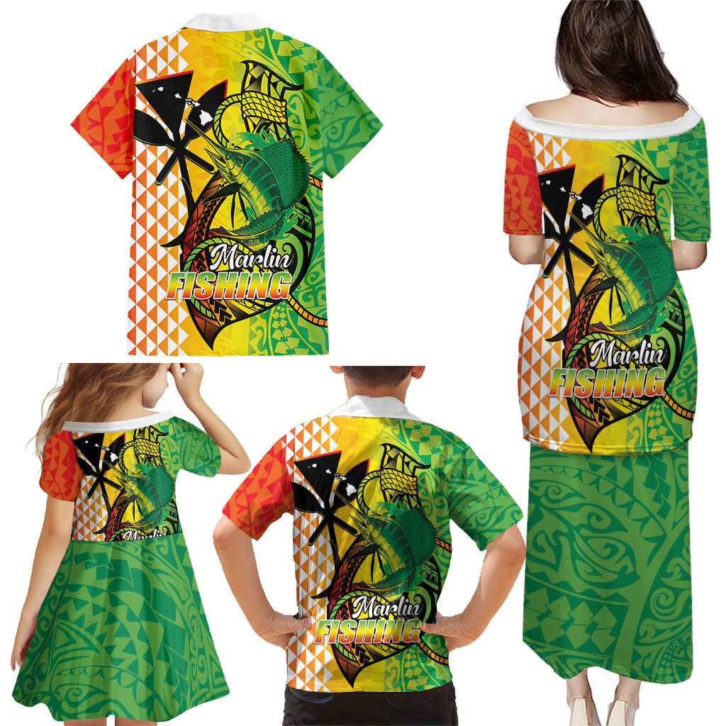 Hawaii Blue Marlin Fishing Family Matching Puletasi and Hawaiian Shirt Hawaiian Kanaka Kakau Reggae LT14 - Polynesian Pride