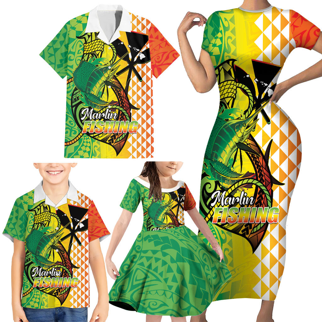 Hawaii Blue Marlin Fishing Family Matching Short Sleeve Bodycon Dress and Hawaiian Shirt Hawaiian Kanaka Kakau Reggae