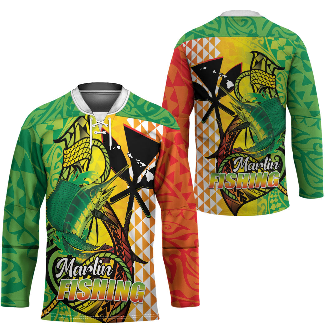 Hawaii Blue Marlin Fishing Hockey Jersey Hawaiian Kanaka Kakau Reggae LT14 - Polynesian Pride