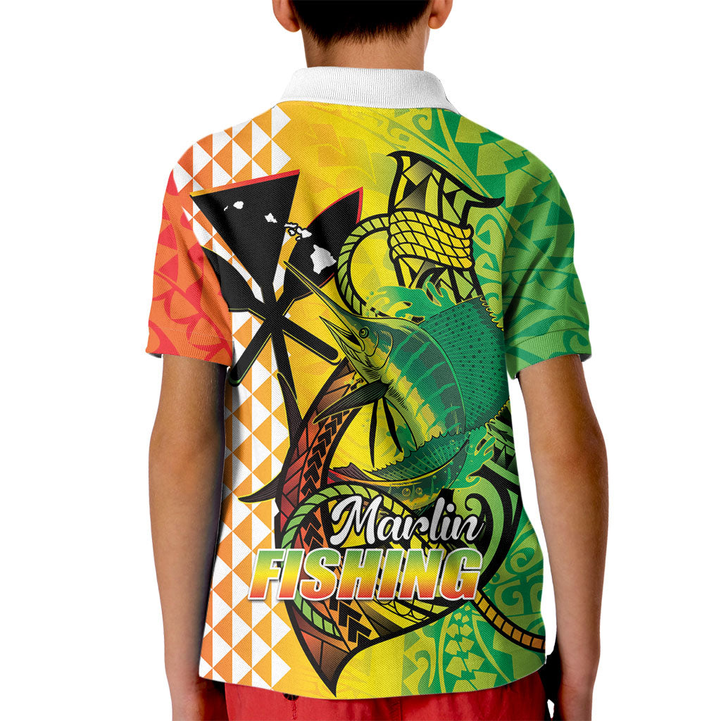 Hawaii Blue Marlin Fishing Kid Polo Shirt Hawaiian Kanaka Kakau Reggae LT14 - Polynesian Pride