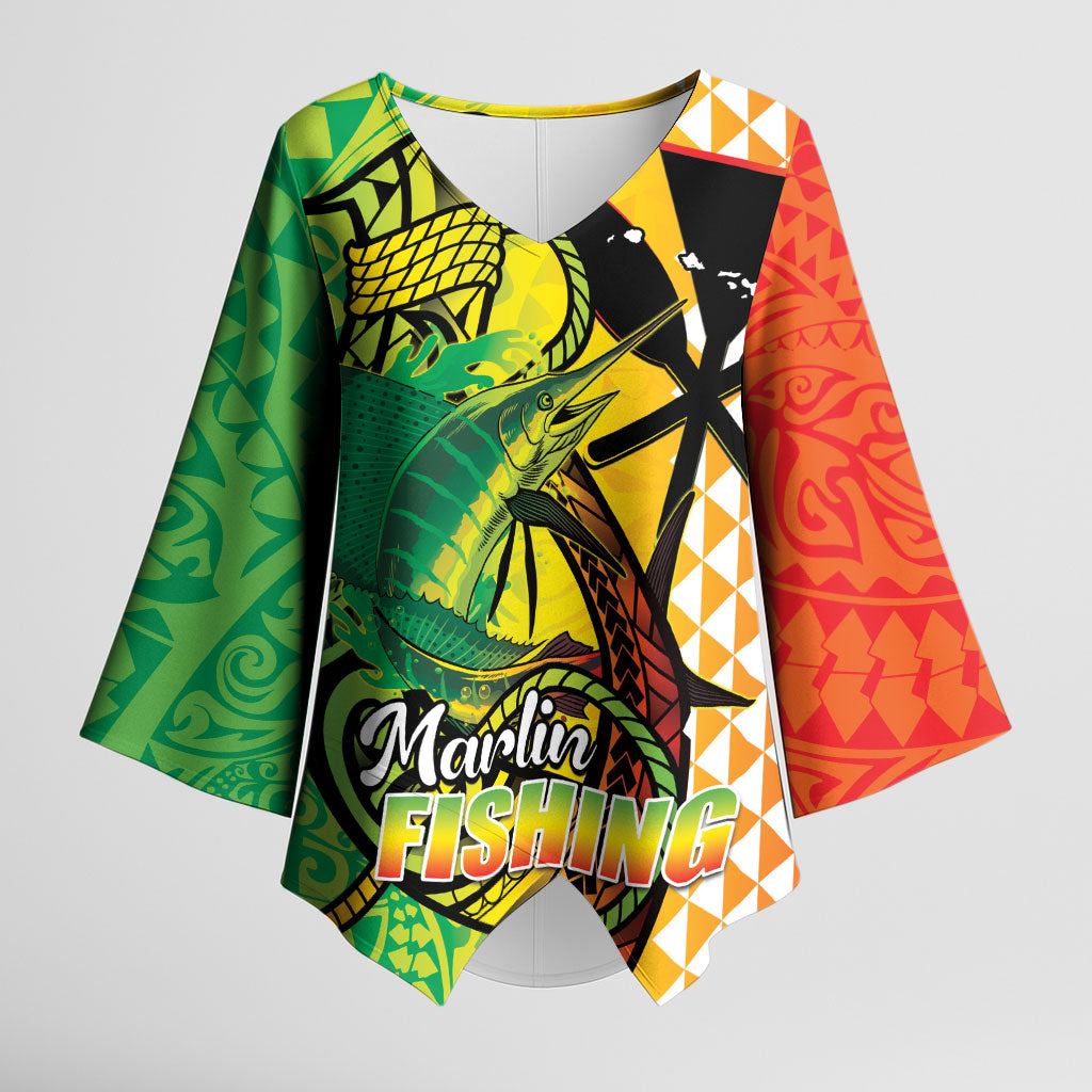 Hawaii Blue Marlin Fishing Kimono Sleeve Blouse Hawaiian Kanaka Kakau Reggae LT14 Female Reggae - Polynesian Pride