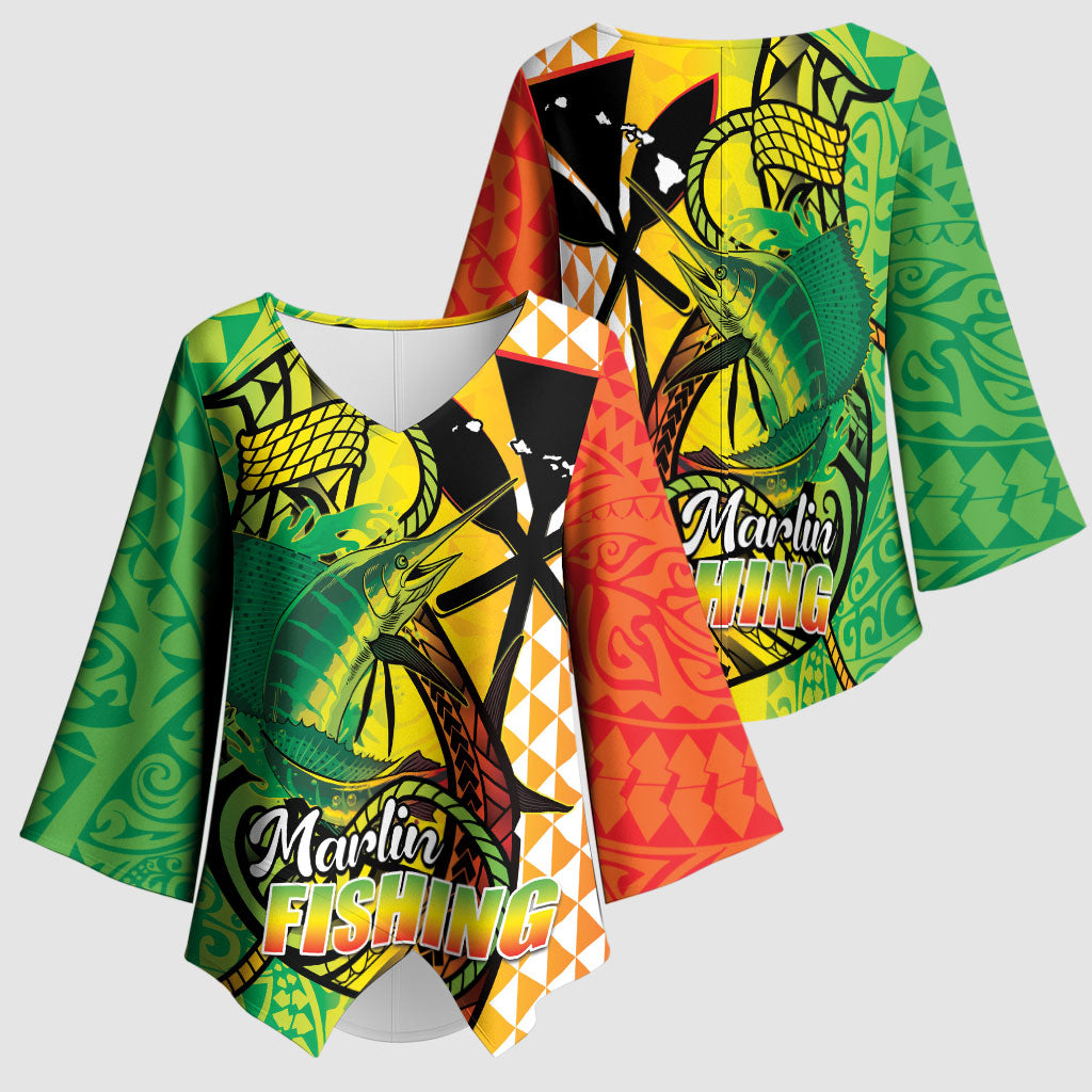 Hawaii Blue Marlin Fishing Kimono Sleeve Blouse Hawaiian Kanaka Kakau Reggae LT14 - Polynesian Pride