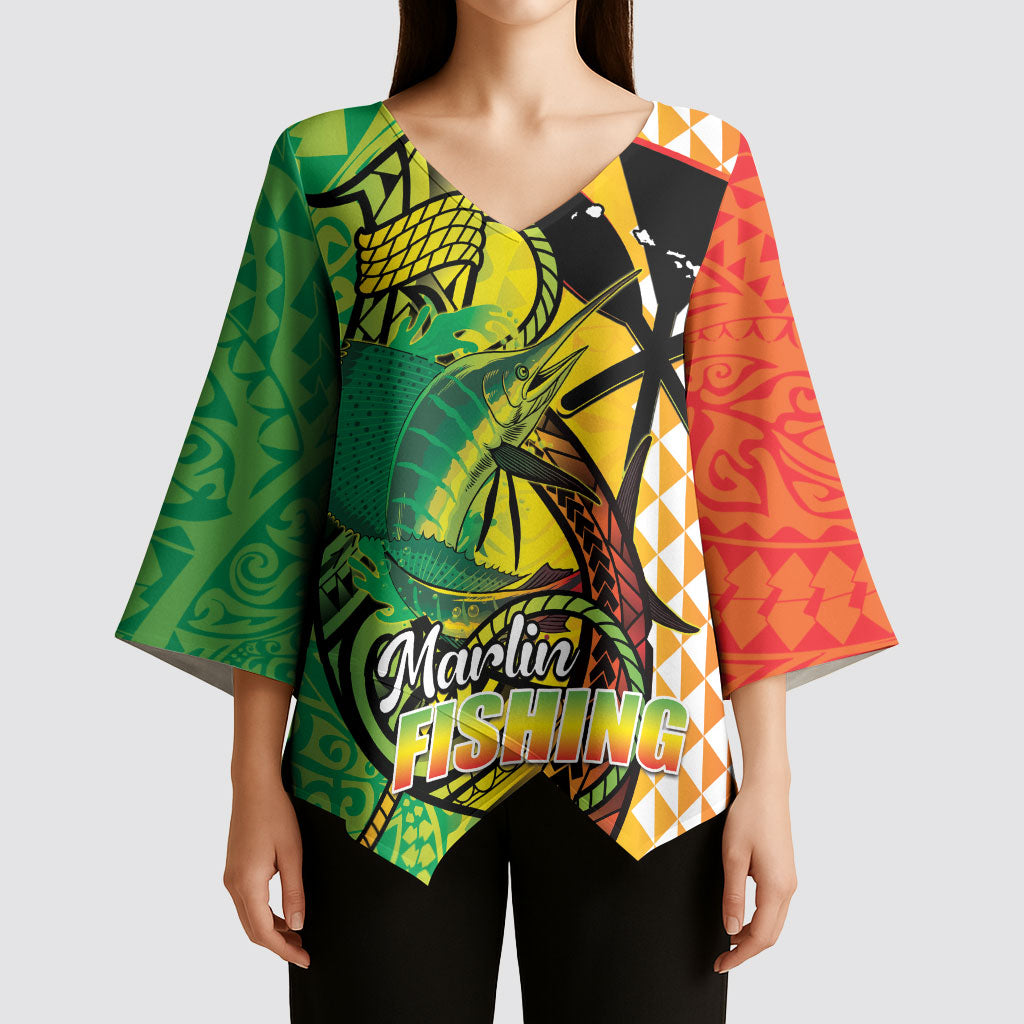 Hawaii Blue Marlin Fishing Kimono Sleeve Blouse Hawaiian Kanaka Kakau Reggae LT14 - Polynesian Pride