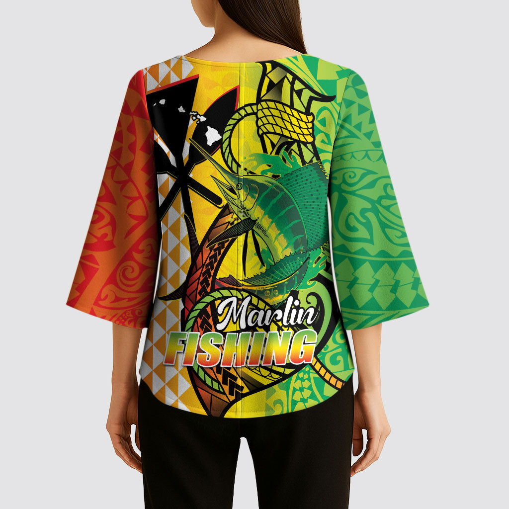 Hawaii Blue Marlin Fishing Kimono Sleeve Blouse Hawaiian Kanaka Kakau Reggae LT14 - Polynesian Pride