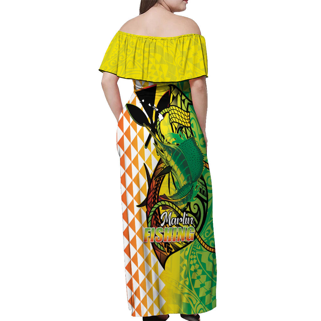 Hawaii Blue Marlin Fishing Off Shoulder Maxi Dress Hawaiian Kanaka Kakau Reggae LT14 - Polynesian Pride