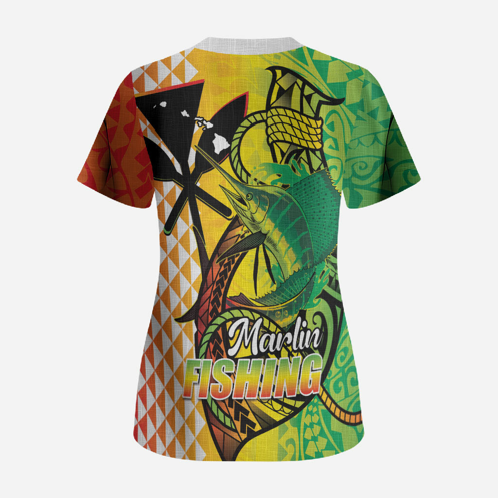 Hawaii Blue Marlin Fishing Scrub Top Hawaiian Kanaka Kakau Reggae LT14 - Polynesian Pride
