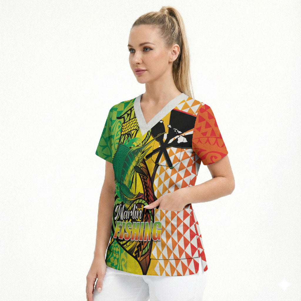 Hawaii Blue Marlin Fishing Scrub Top Hawaiian Kanaka Kakau Reggae LT14 - Polynesian Pride