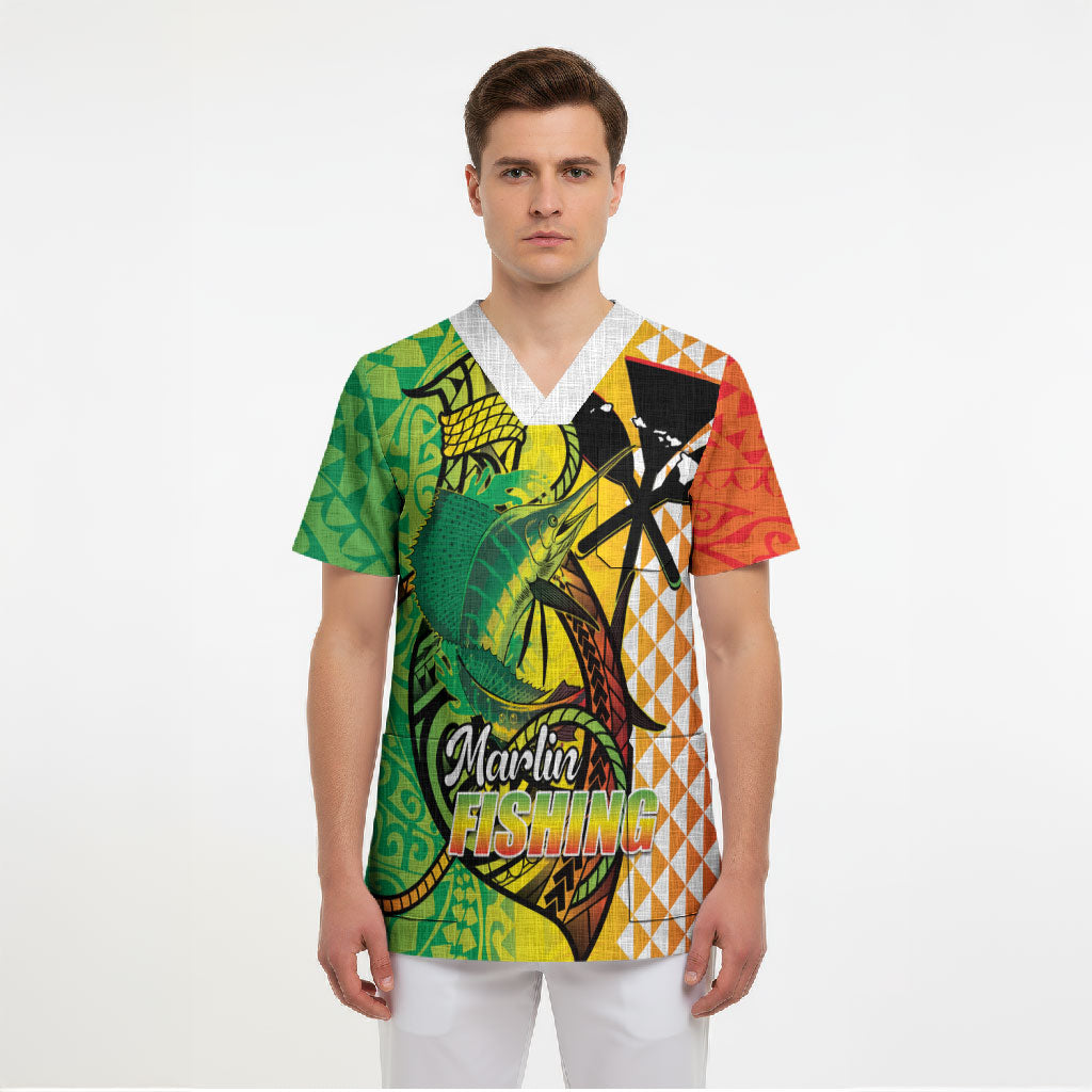 Hawaii Blue Marlin Fishing Scrub Top Hawaiian Kanaka Kakau Reggae LT14 - Polynesian Pride