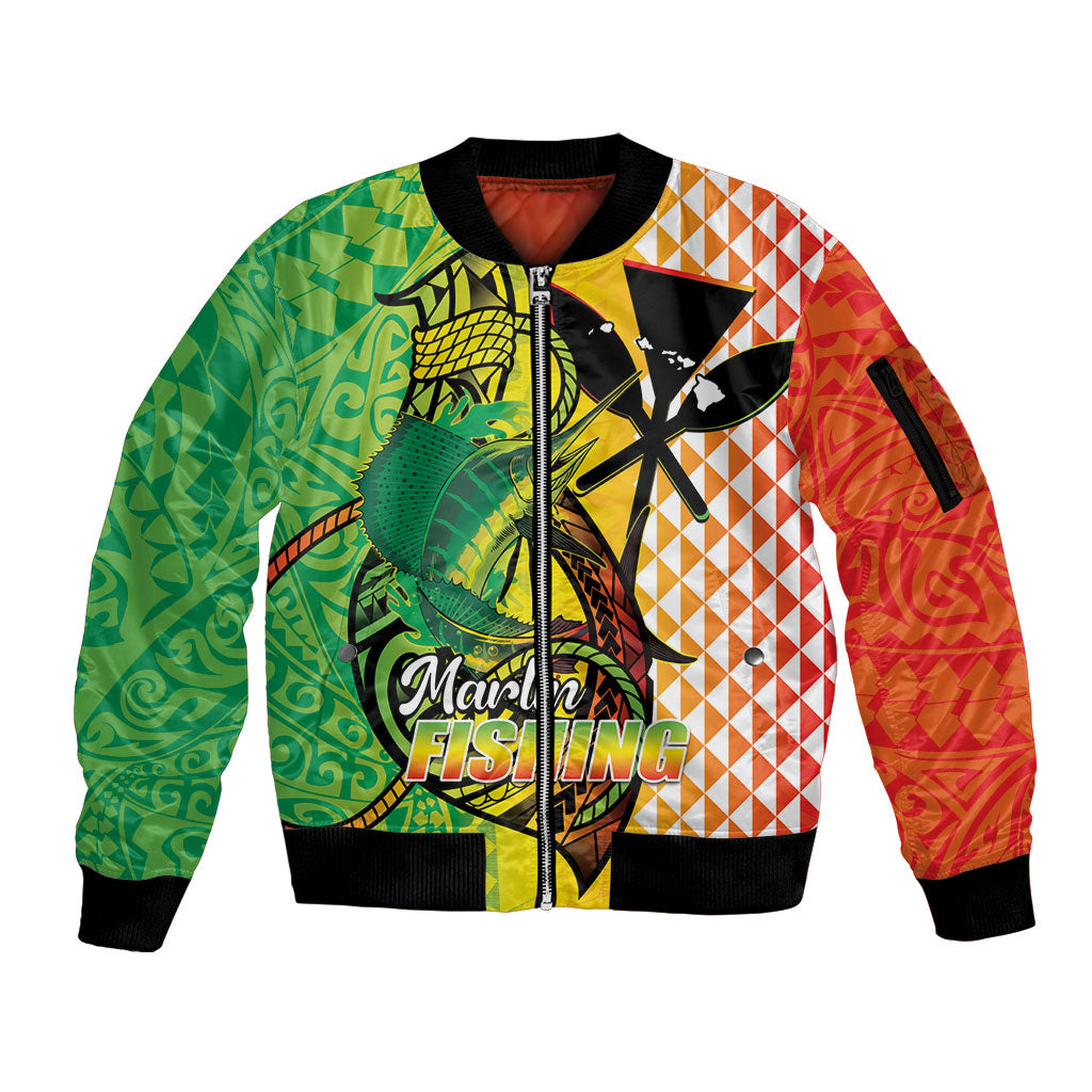 Hawaii Blue Marlin Fishing Sleeve Zip Bomber Jacket Hawaiian Kanaka Kakau Reggae