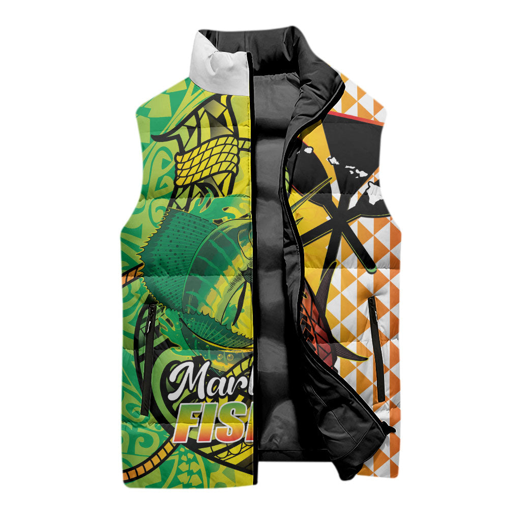 Hawaii Blue Marlin Fishing Sleeveless Puffer Jacket Hawaiian Kanaka Kakau Reggae