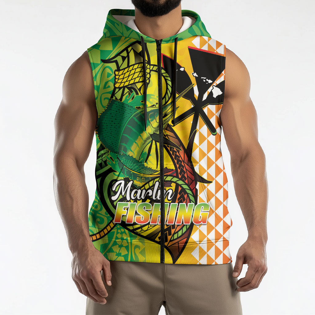 Hawaii Blue Marlin Fishing Sleeveless Zip Hoodie Hawaiian Kanaka Kakau Reggae LT14 - Polynesian Pride