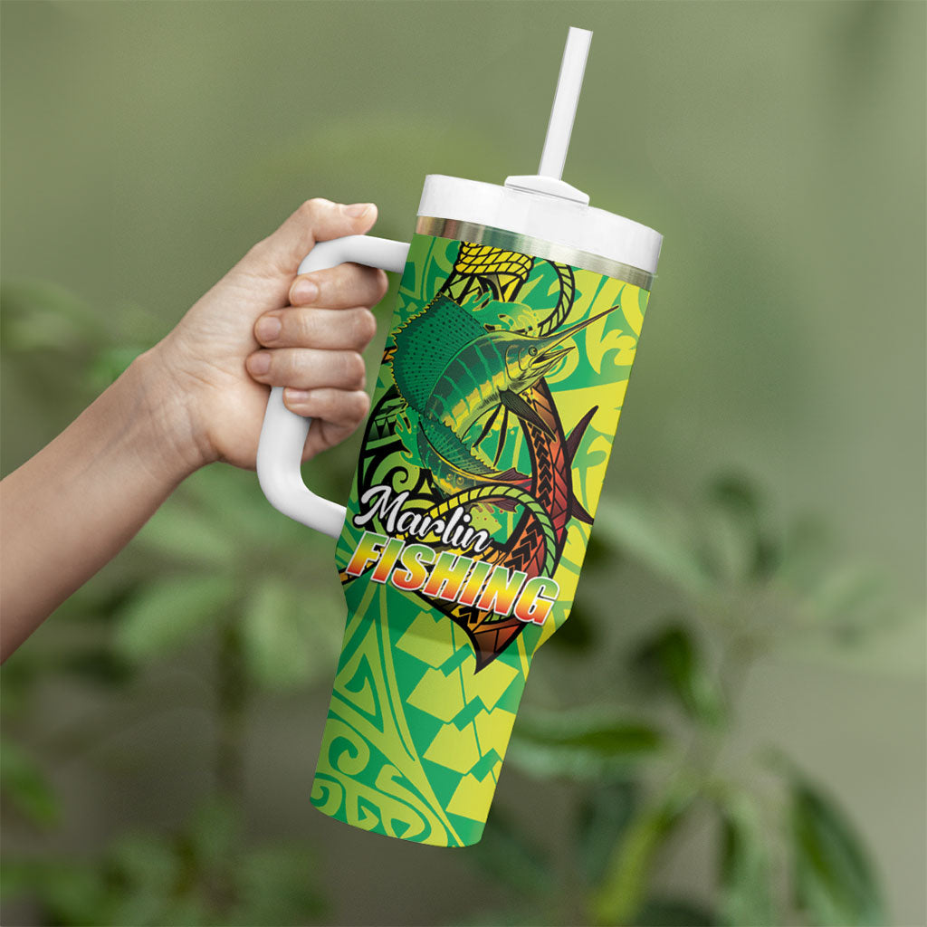 Hawaii Blue Marlin Fishing Tumbler With Handle Hawaiian Kanaka Kakau Reggae LT14 - Polynesian Pride