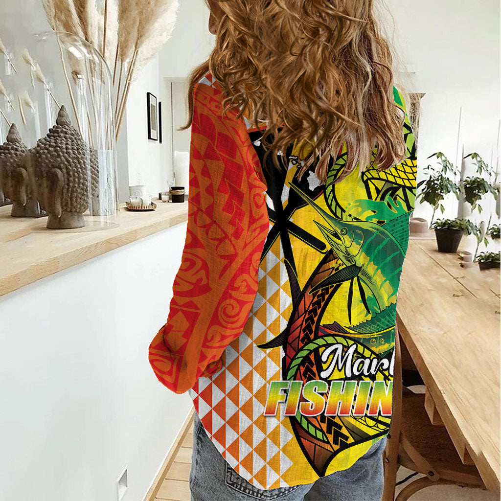 Hawaii Blue Marlin Fishing Women Casual Shirt Hawaiian Kanaka Kakau Reggae