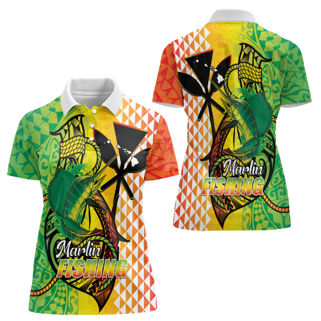 Hawaii Blue Marlin Fishing Women Polo Shirt Hawaiian Kanaka Kakau Reggae