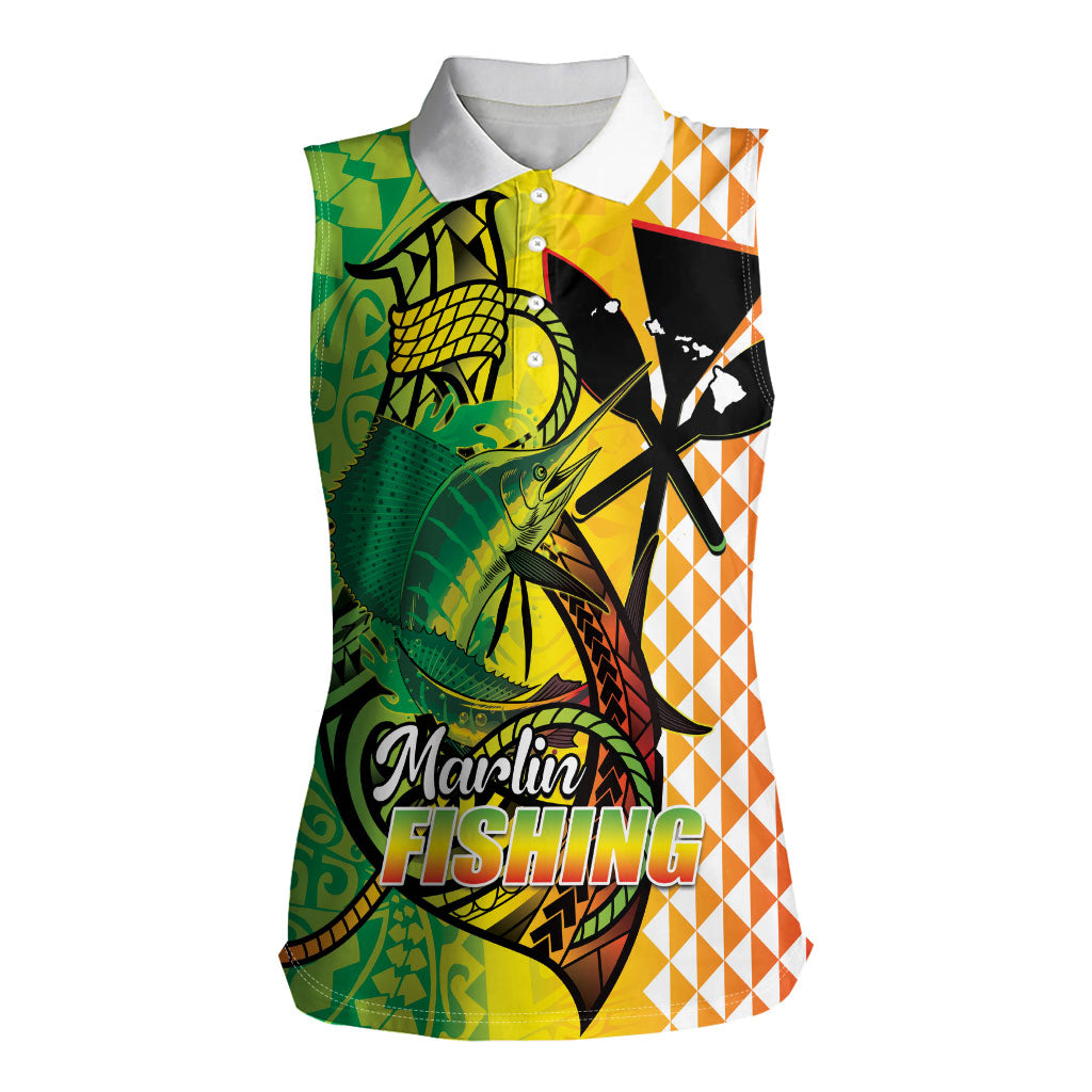 Hawaii Blue Marlin Fishing Women Sleeveless Polo Shirt Hawaiian Kanaka Kakau Reggae