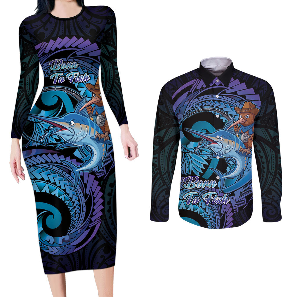 Personalised Blue Marlin Fishing New Zealand Couples Matching Long Sleeve Bodycon Dress and Long Sleeve Button Shirt NZ Kiwi Cowboy Born To Fish LT14 Purple - Polynesian Pride